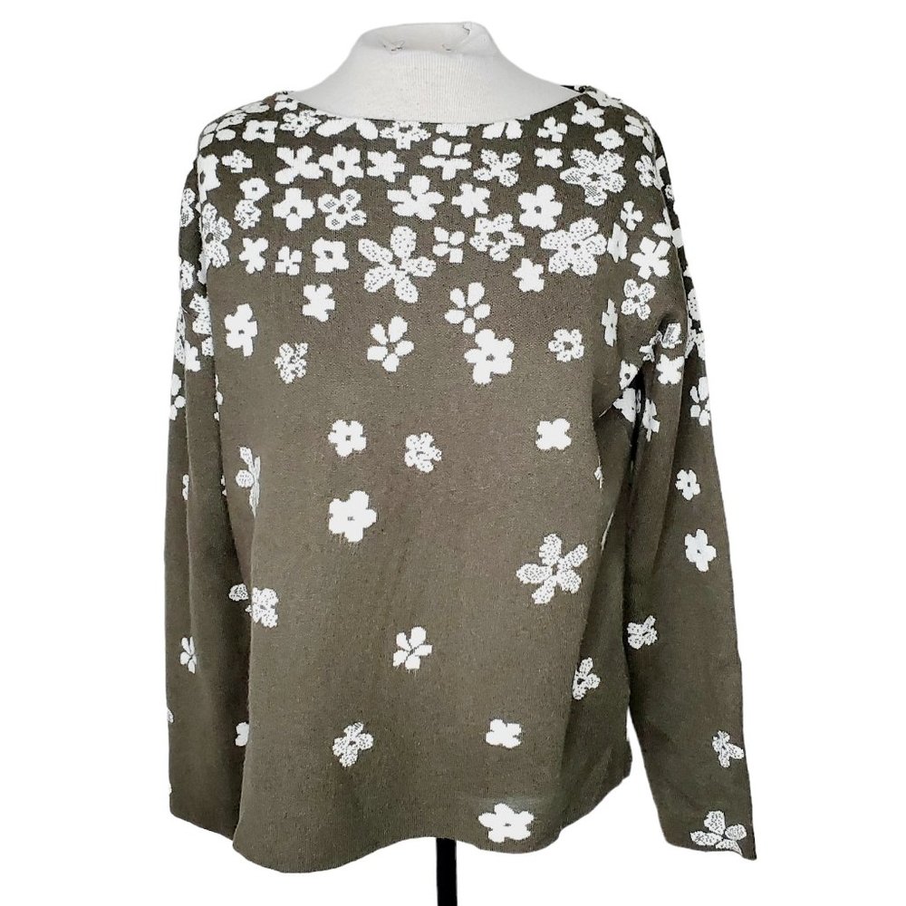 Cynthia Rowley Sweater Floral Boatneck Feminine Boxy Dark Olive Green M